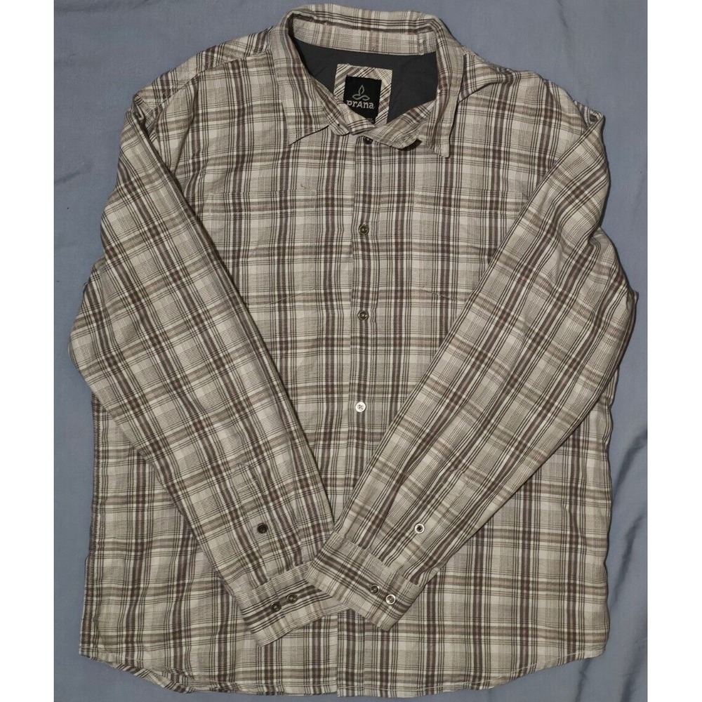 Prana Holton Plaid Long‎ Sleeve Button Up Shirt Men's Brown White Size 2XL